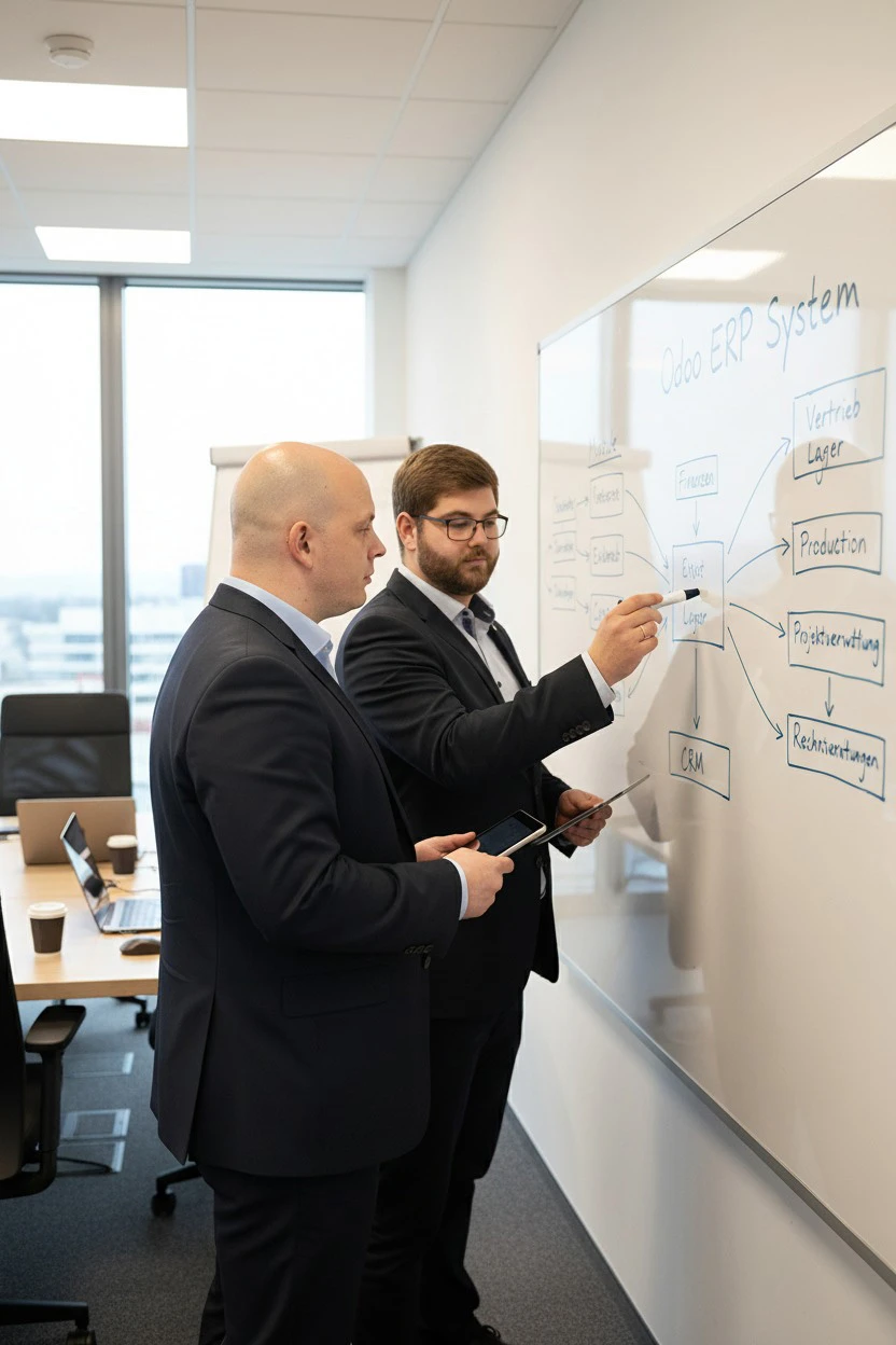 Besprechung am Whiteboard über das Odoo ERP System