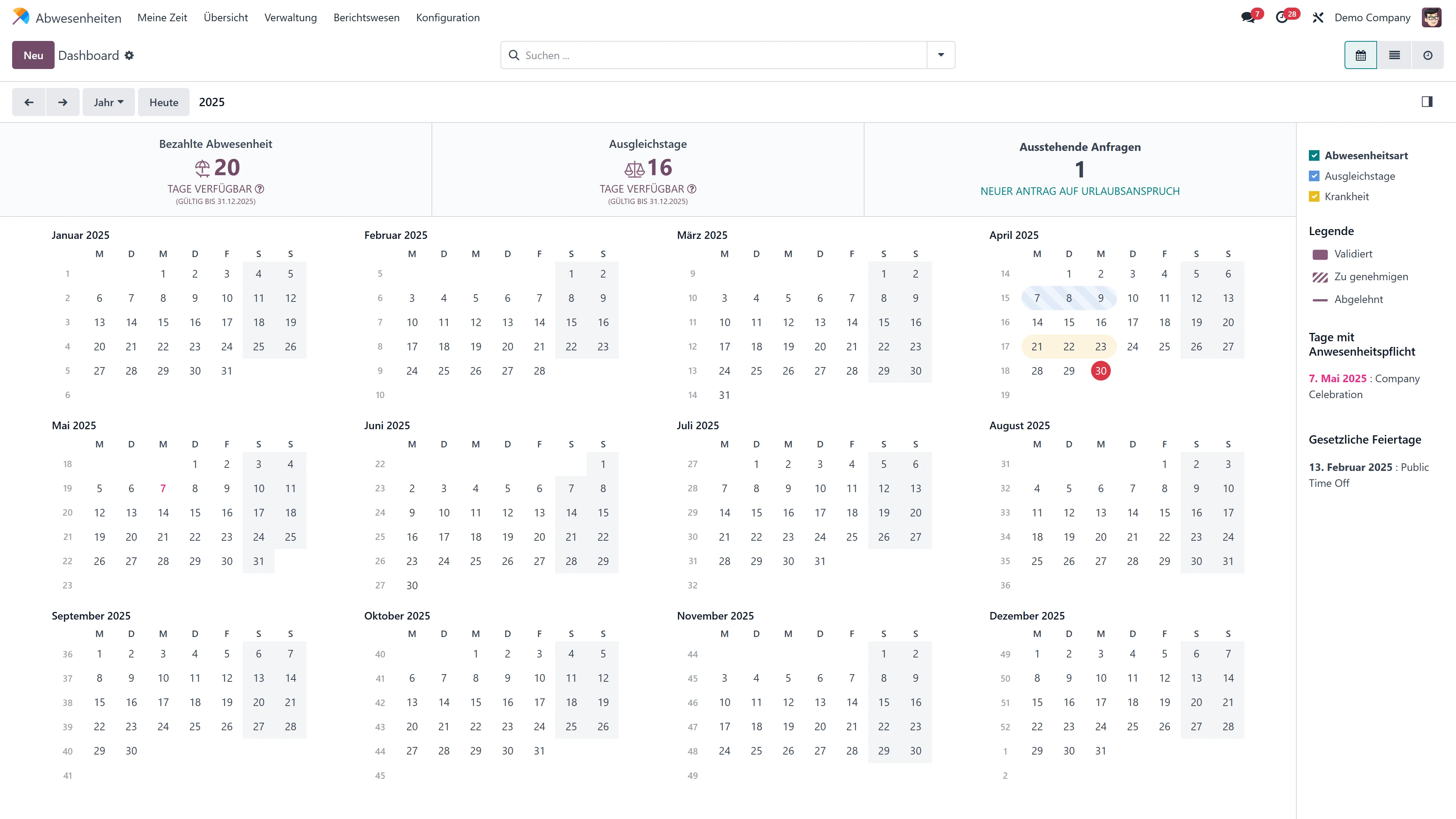 Odoo-Screenshot: Abwesenheit - Übersicht