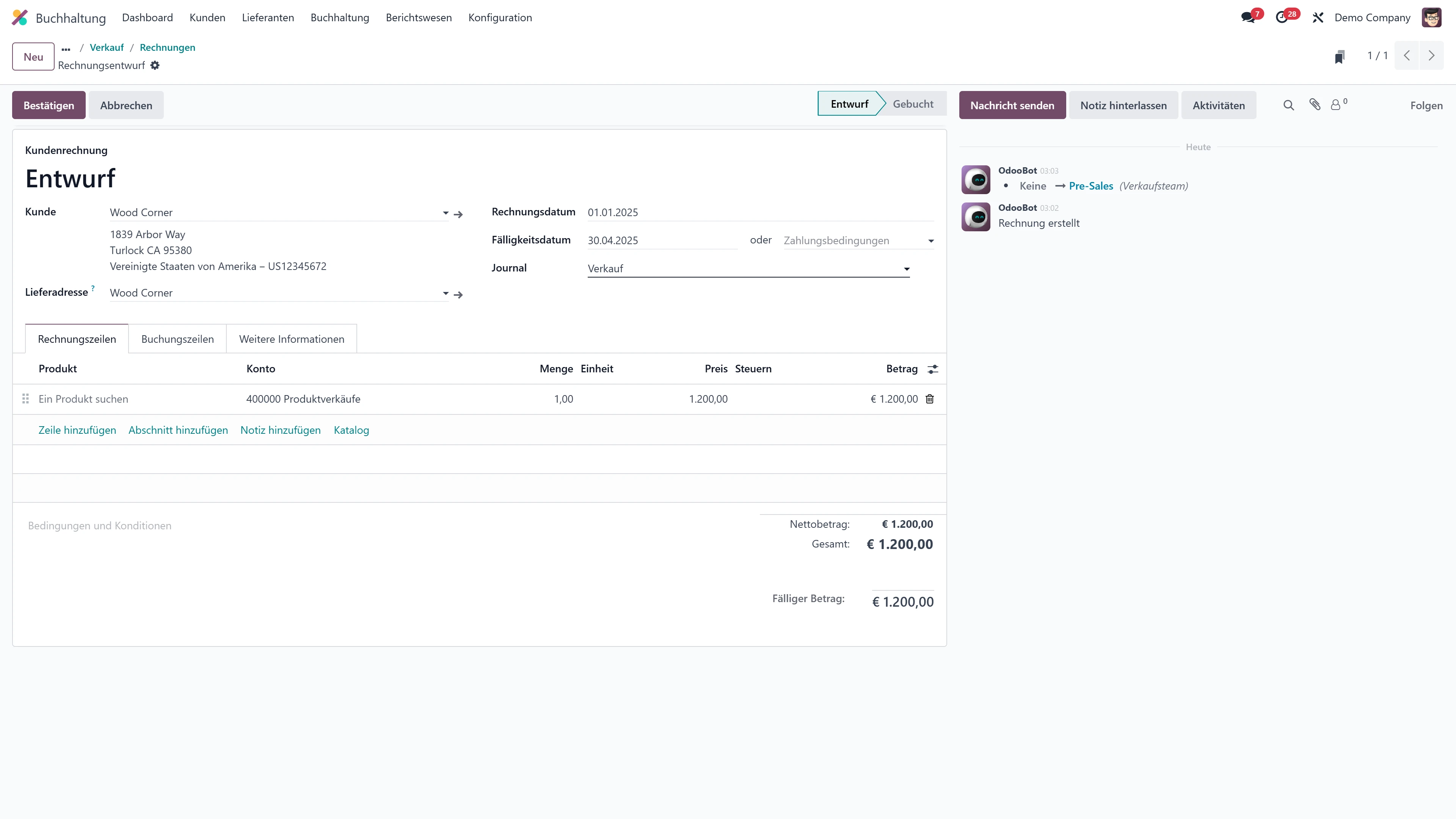 Odoo-Screenshot: Buchhaltung - Entwurf-Ansicht