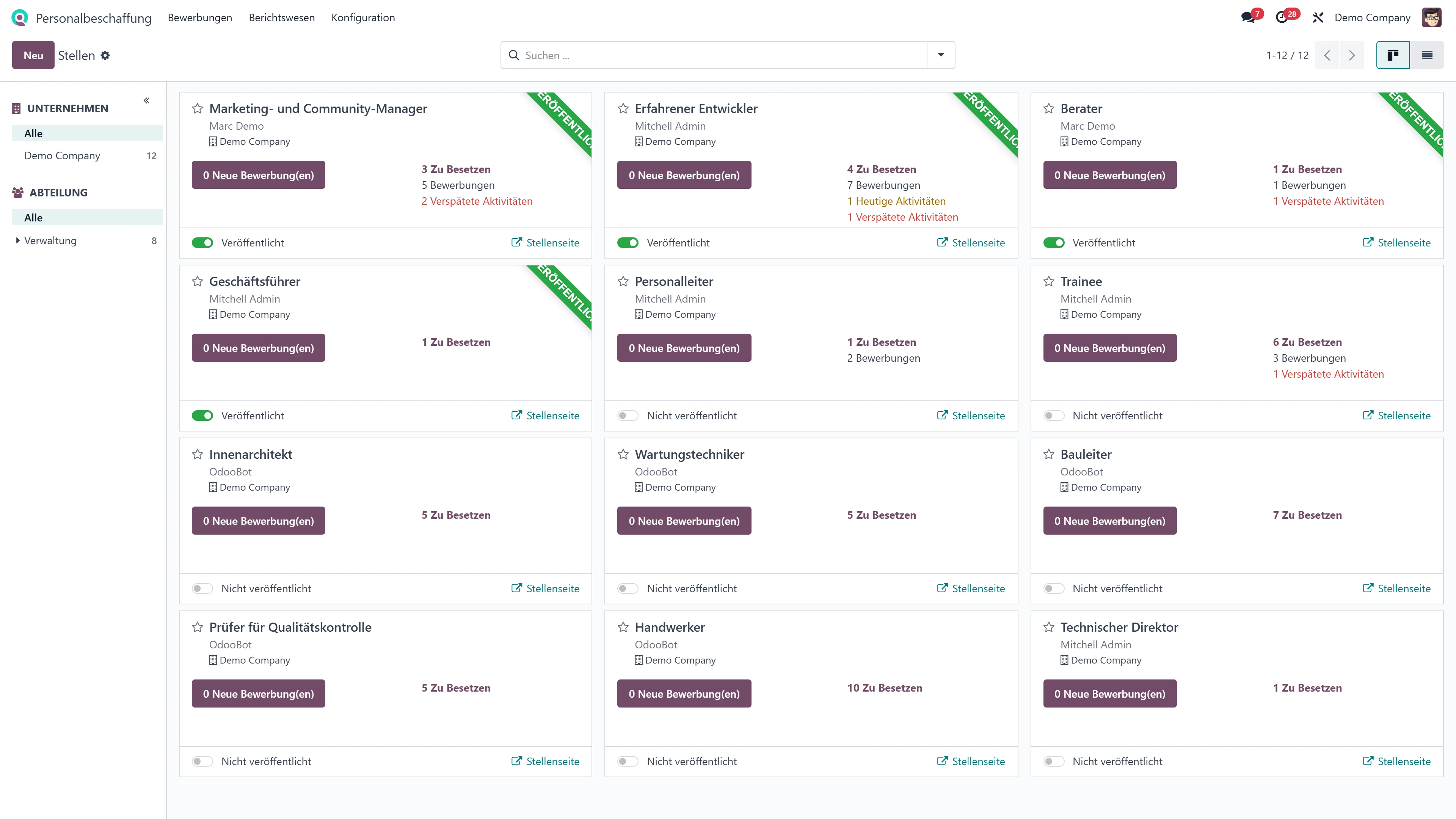 Odoo-Screenshot: Personalbeschaffung - Übersicht